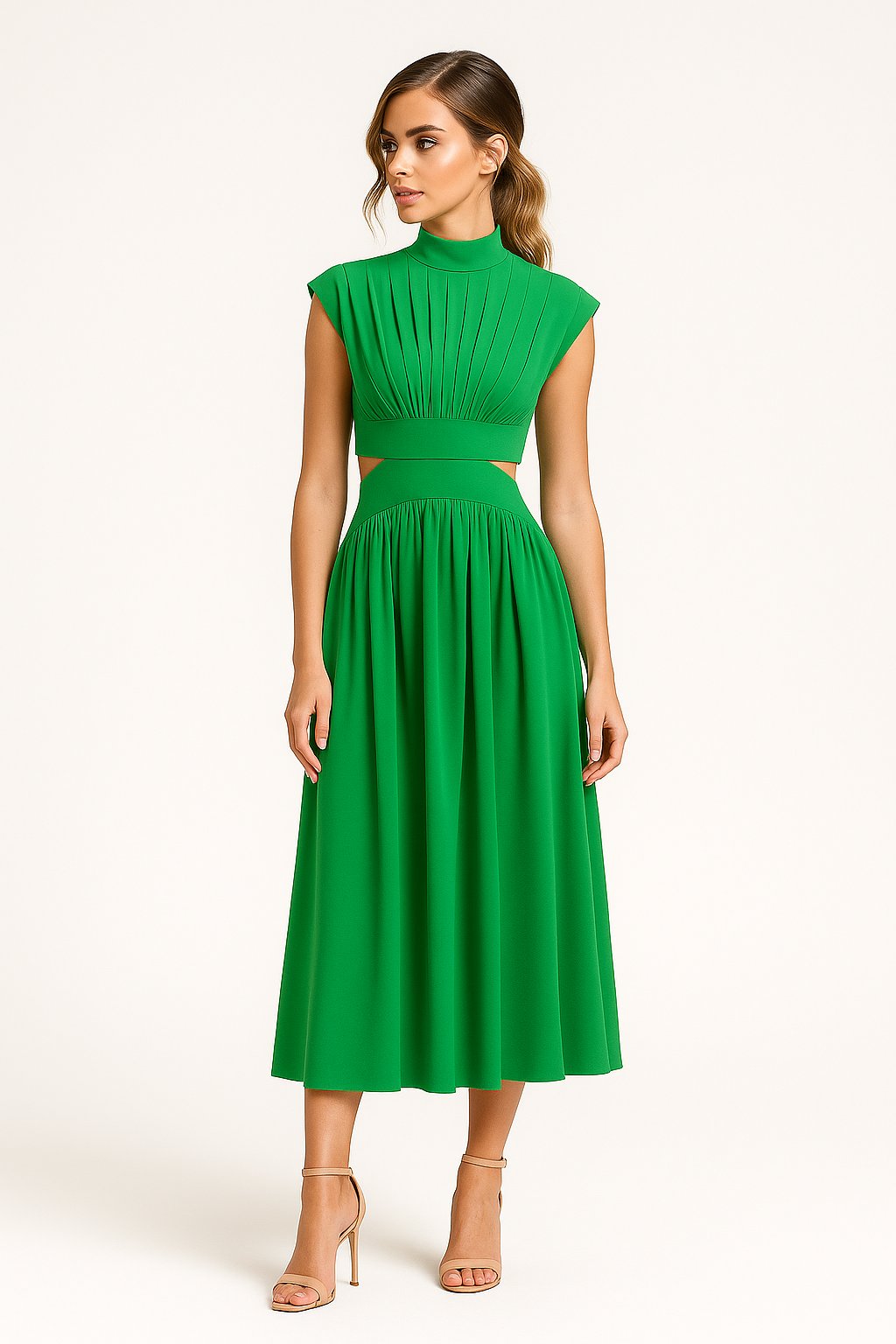 Midi Dress with a Cut-Out Waist and High Neckline
