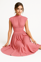 Midi Dress with a Cut-Out Waist and High Neckline