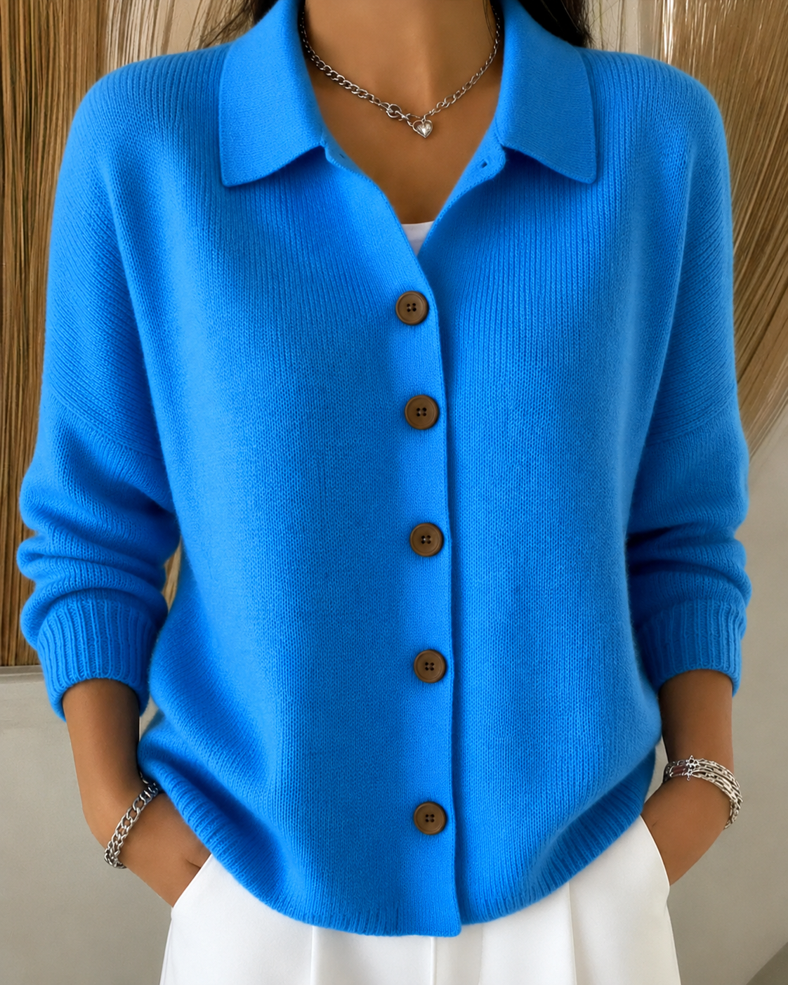 Button Down Knit Cardigan with Spread Collar