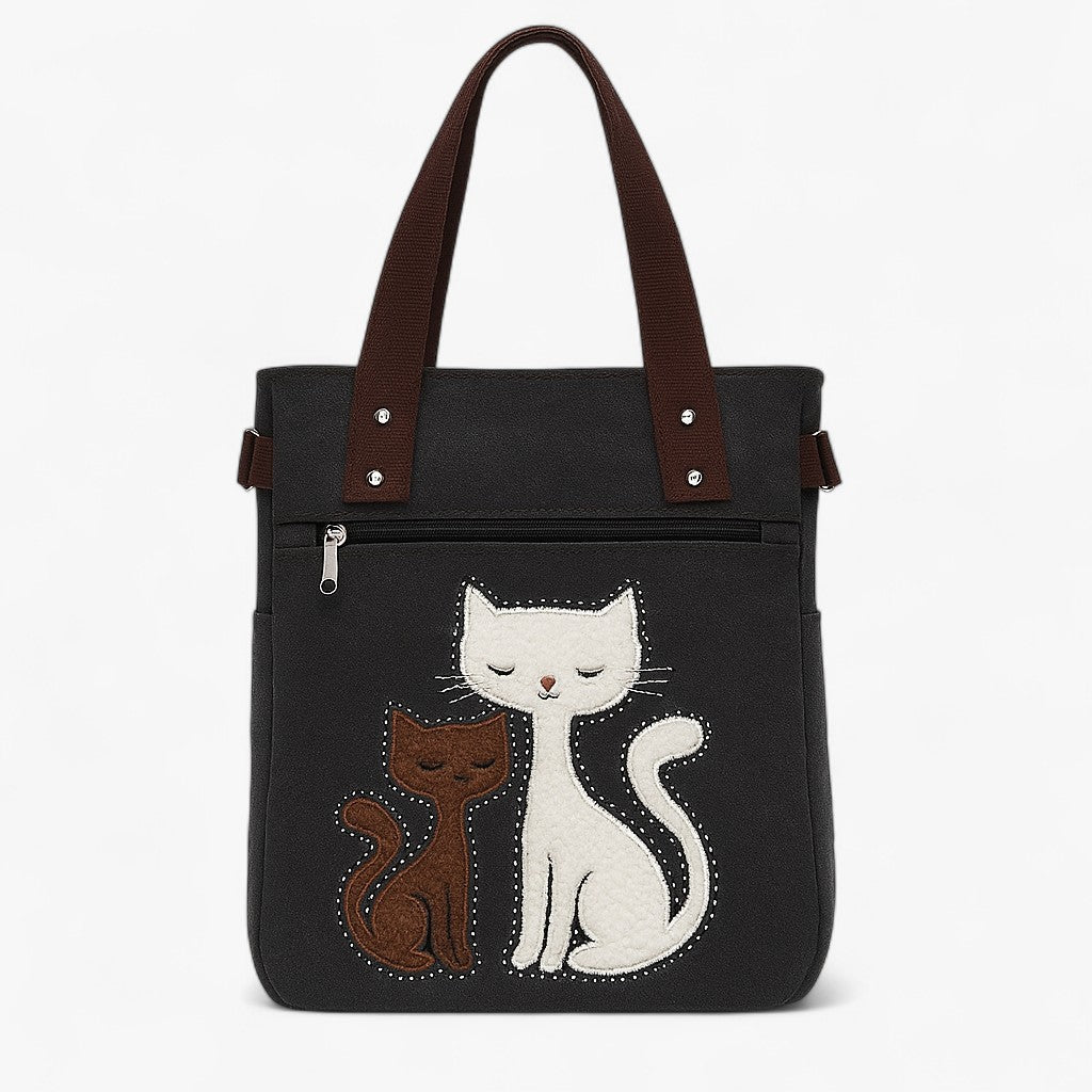 Canvasväska med broderat kattmotiv och dubbla handtag