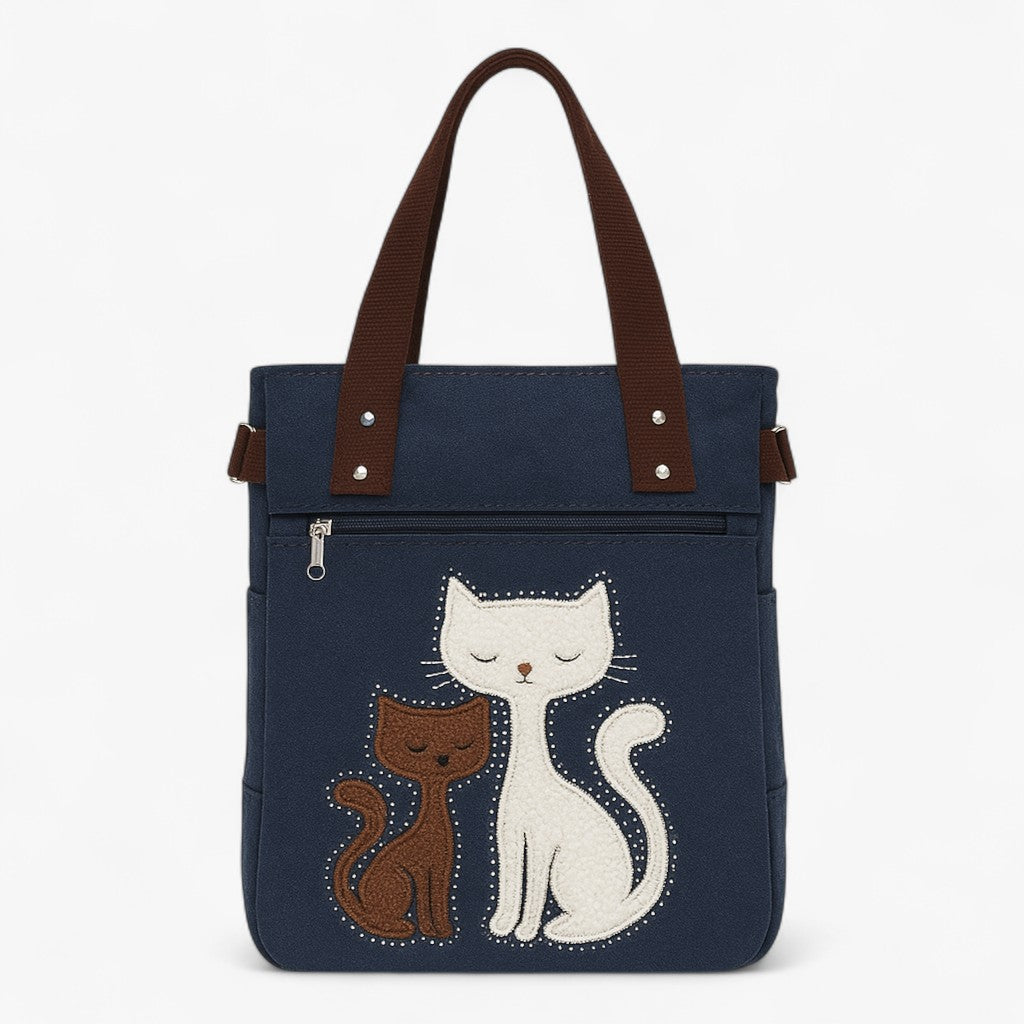 Canvasväska med broderat kattmotiv och dubbla handtag