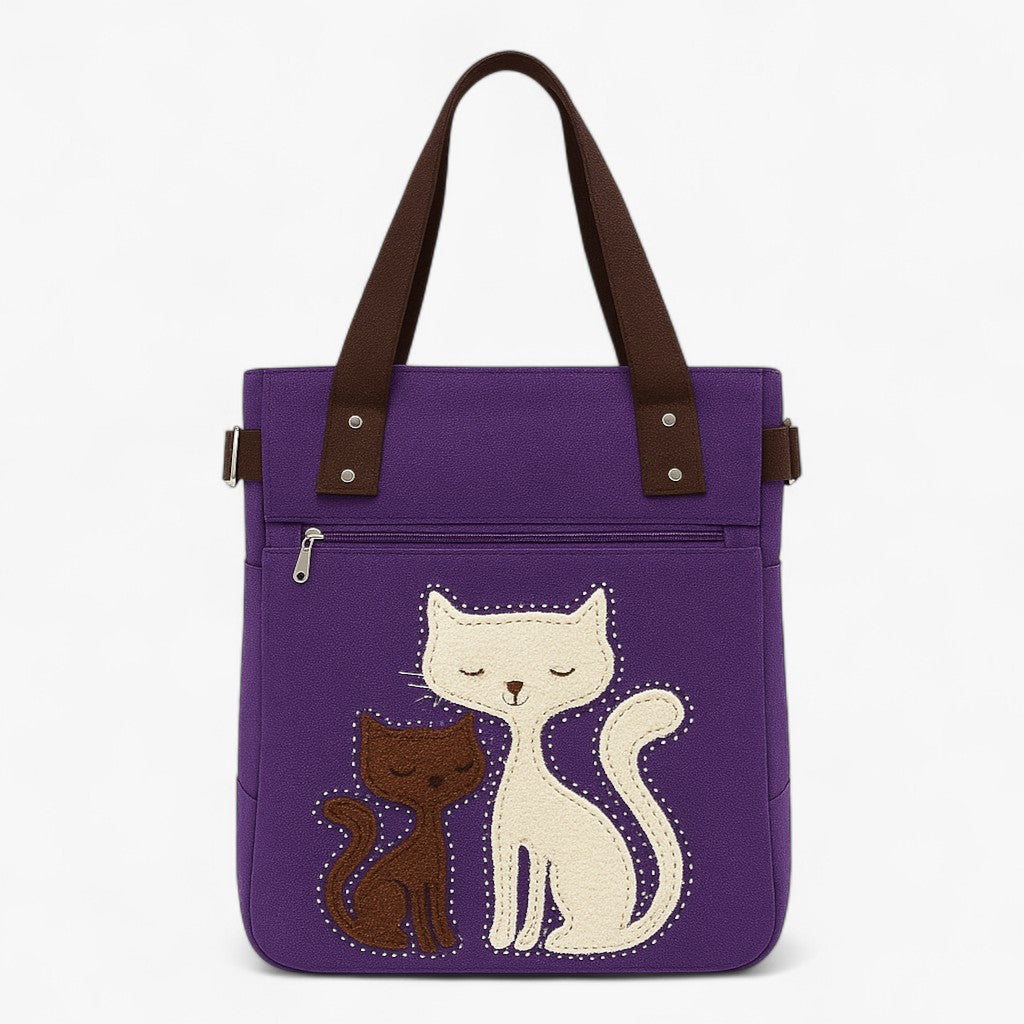 Canvasväska med broderat kattmotiv och dubbla handtag