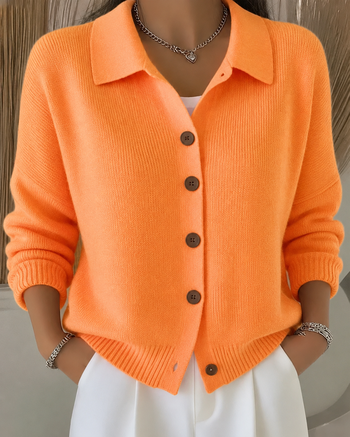 Button Down Knit Cardigan with Spread Collar