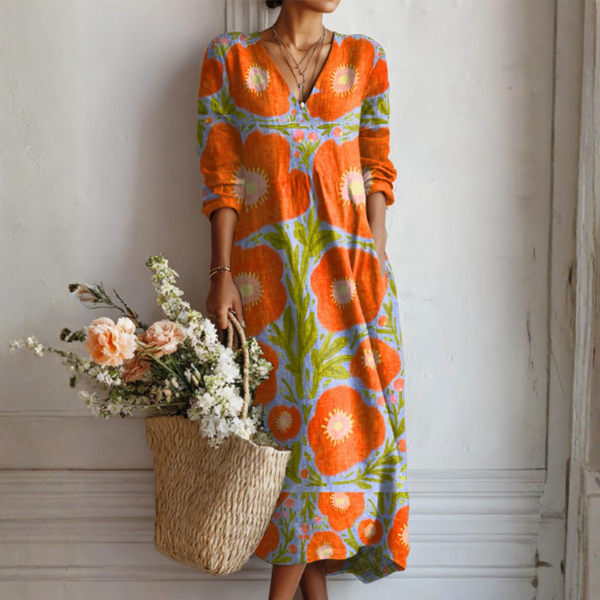 Abstract Print Linen Dress with Relaxed Fit