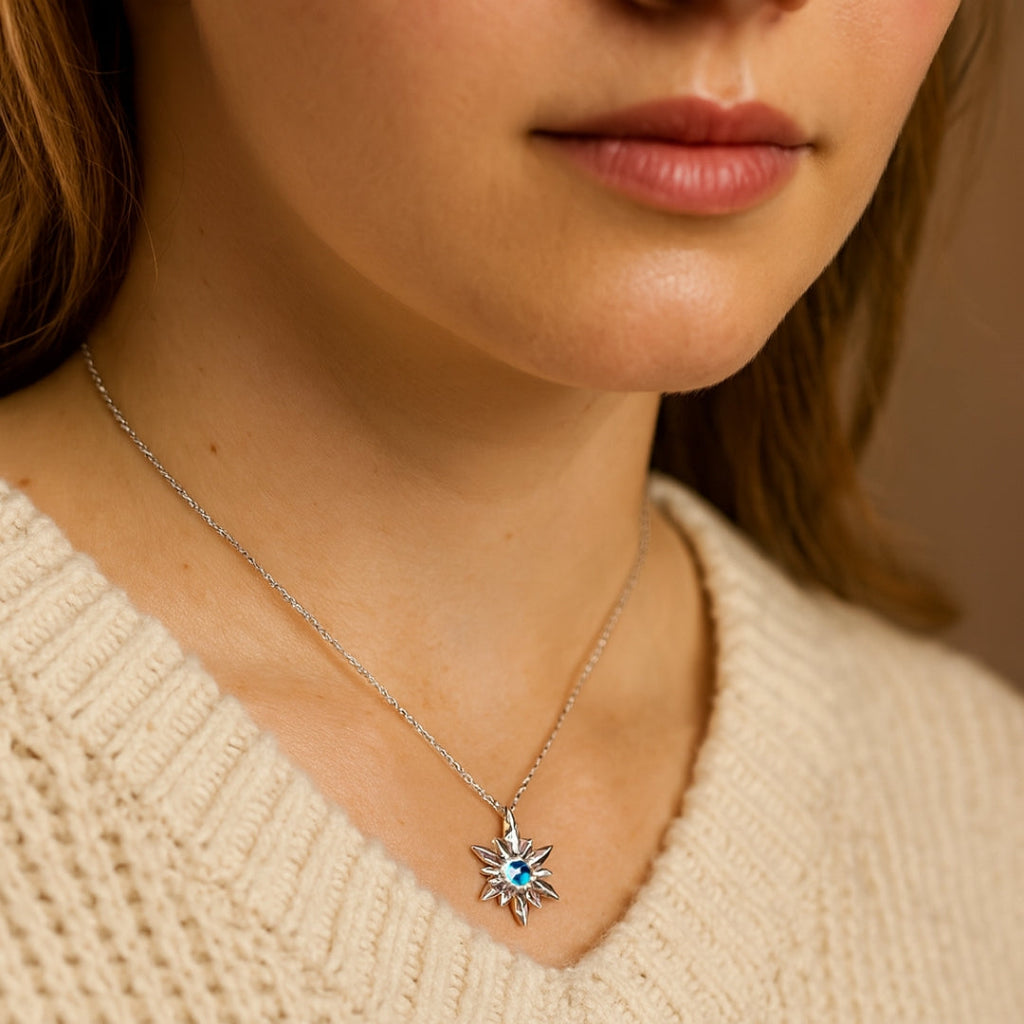 Snowflake Pendant Necklace with Blue Crystal Sparkle