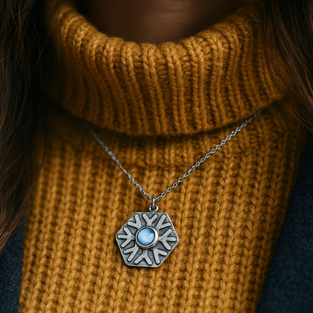 Halsband med runt snöflingehänge i kristall och vinterglitter