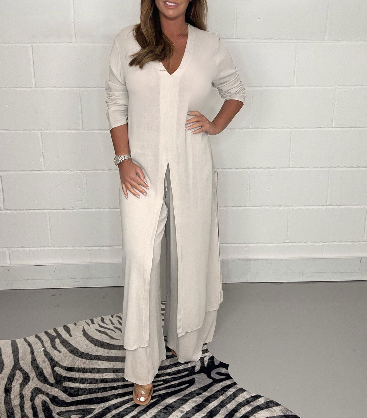 Checked Two Piece Set with Wide Leg Elasticated Trousers