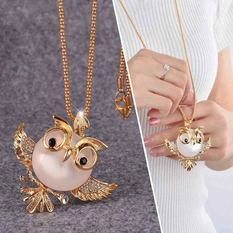 Owl Pendant Necklace with Iridescent Stone Detail and Woodland Charm