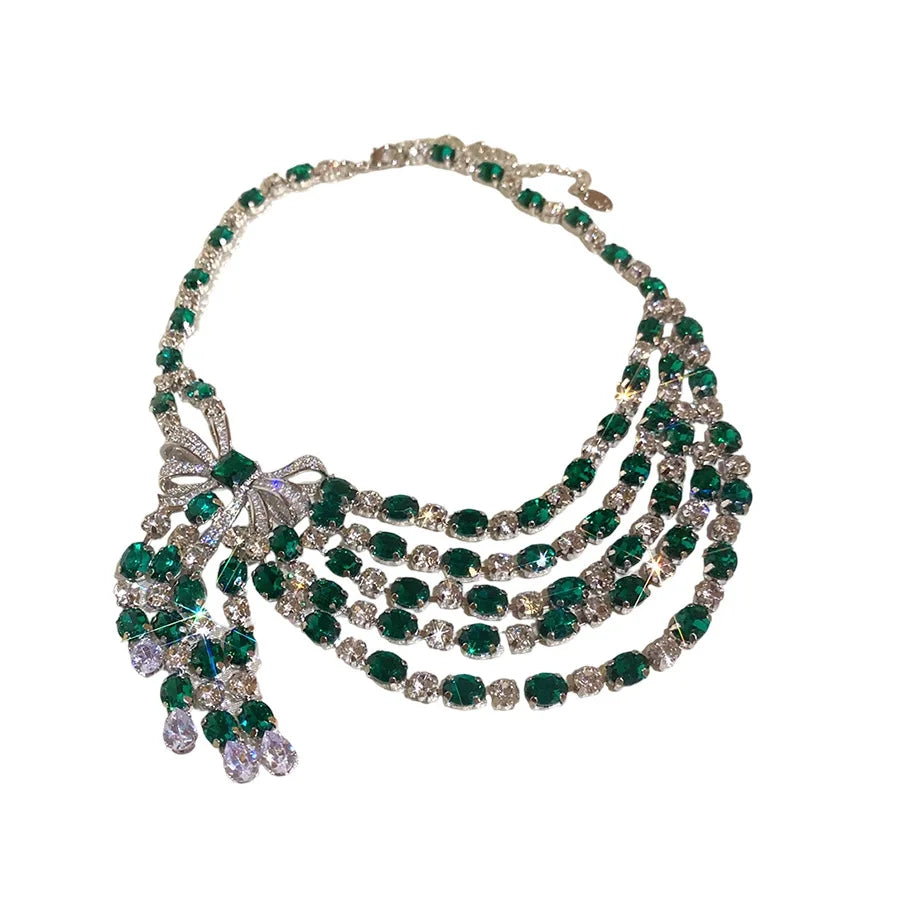 Vintage Bow Pendant Necklace with Rhinestones and Green Detail