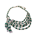 Vintage Bow Pendant Necklace with Rhinestones and Green Detail
