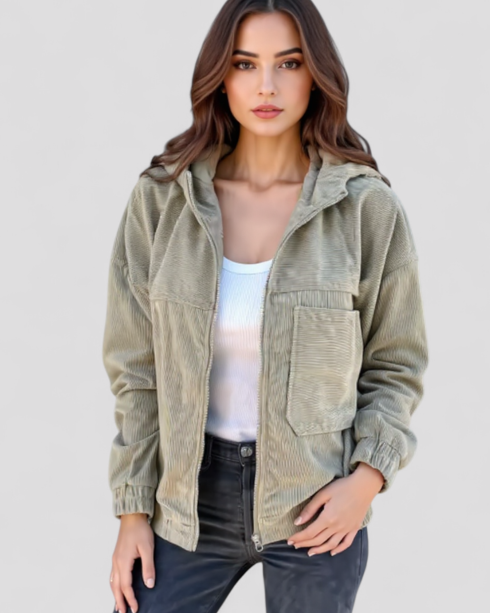 Velour Winter Jacket with Hood and Side Pockets
