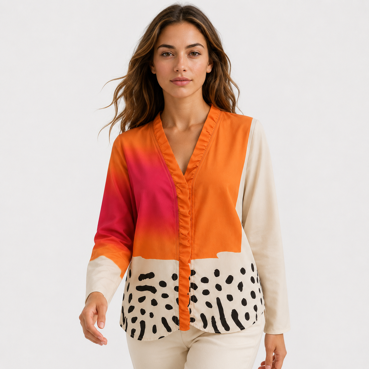 V-ringad blus i colour block med knäppning fram