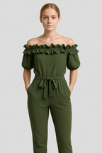 Ruffle Sleeve Jumpsuit with Adjustable Waist Tie