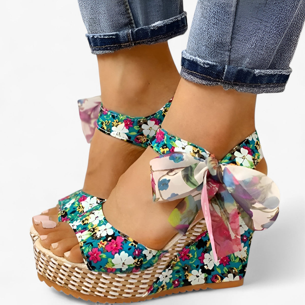 Floral Wedge Sandals with Crossed Ankle Straps