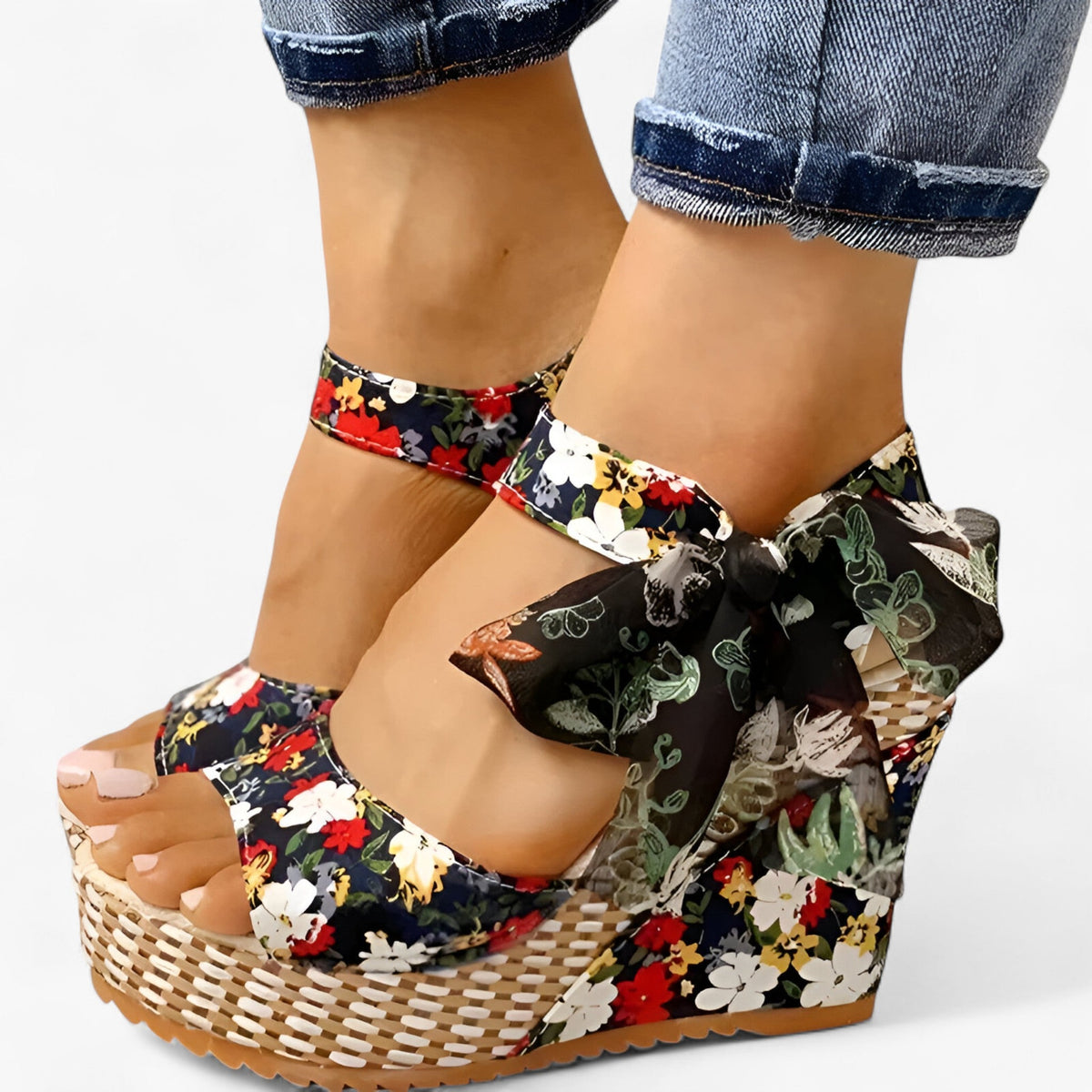 Floral Wedge Sandals with Crossed Ankle Straps