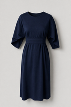 Asymmetric Belted Dress with Voluminous Sleeves
