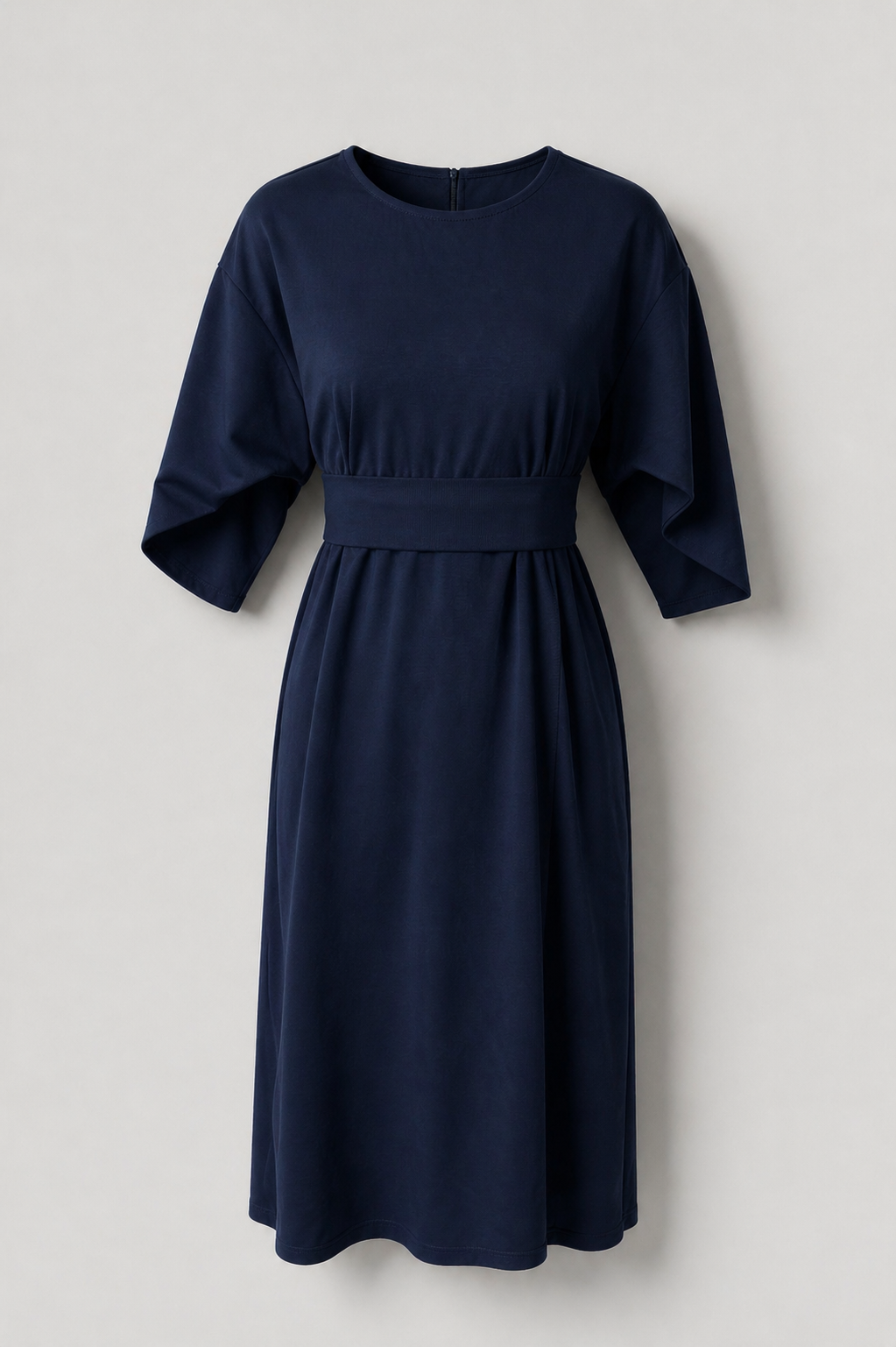 Asymmetric Belted Dress with Voluminous Sleeves