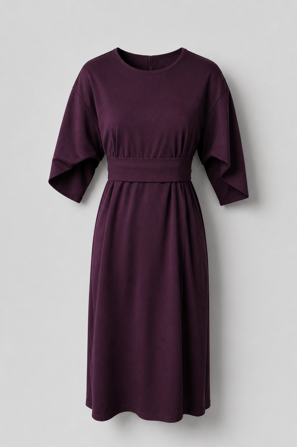 Asymmetric Belted Dress with Voluminous Sleeves
