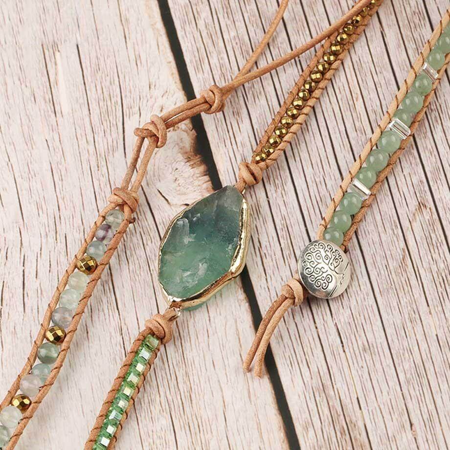 Pulsera de cuentas de aventurina verde con cordón de piel sintética