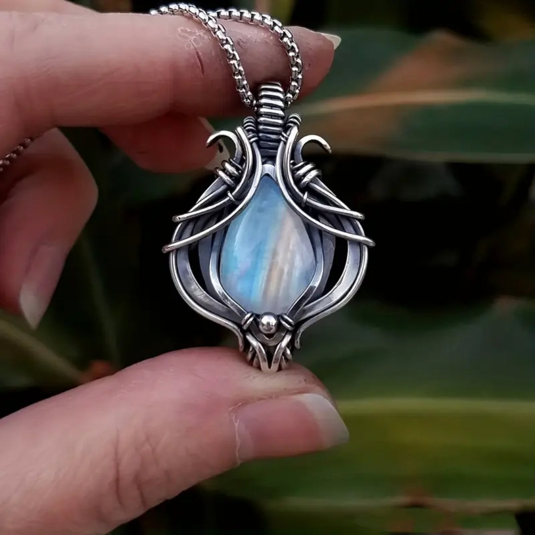 Milky White Stone Pendant Necklace in Silver Colour