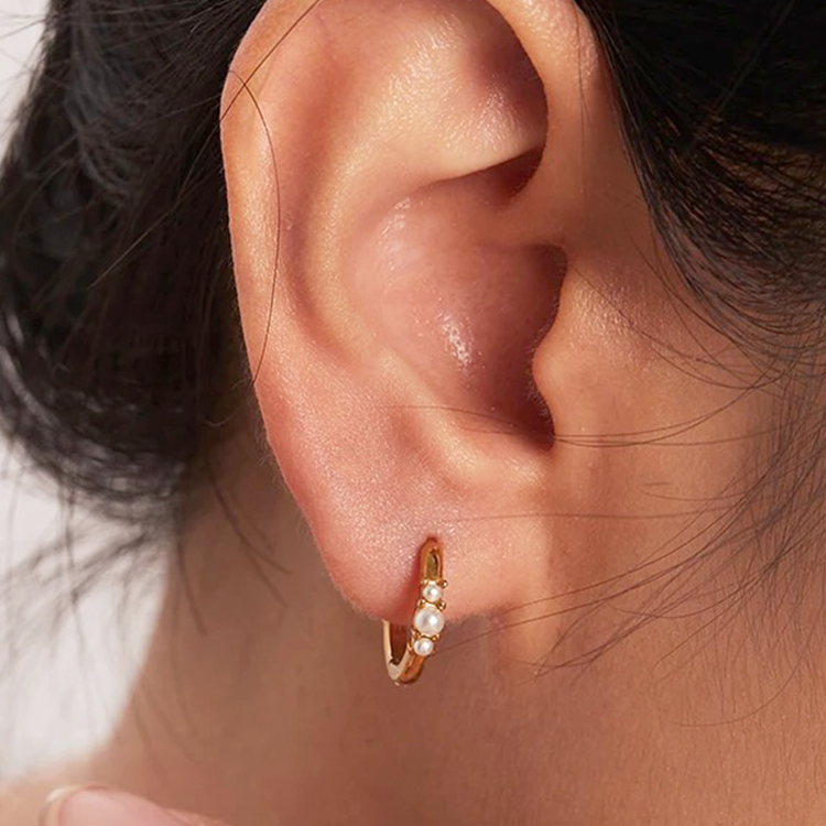 Faux Pearl Huggie Hoop Earrings Set of Two Pairs in Gold Colour
