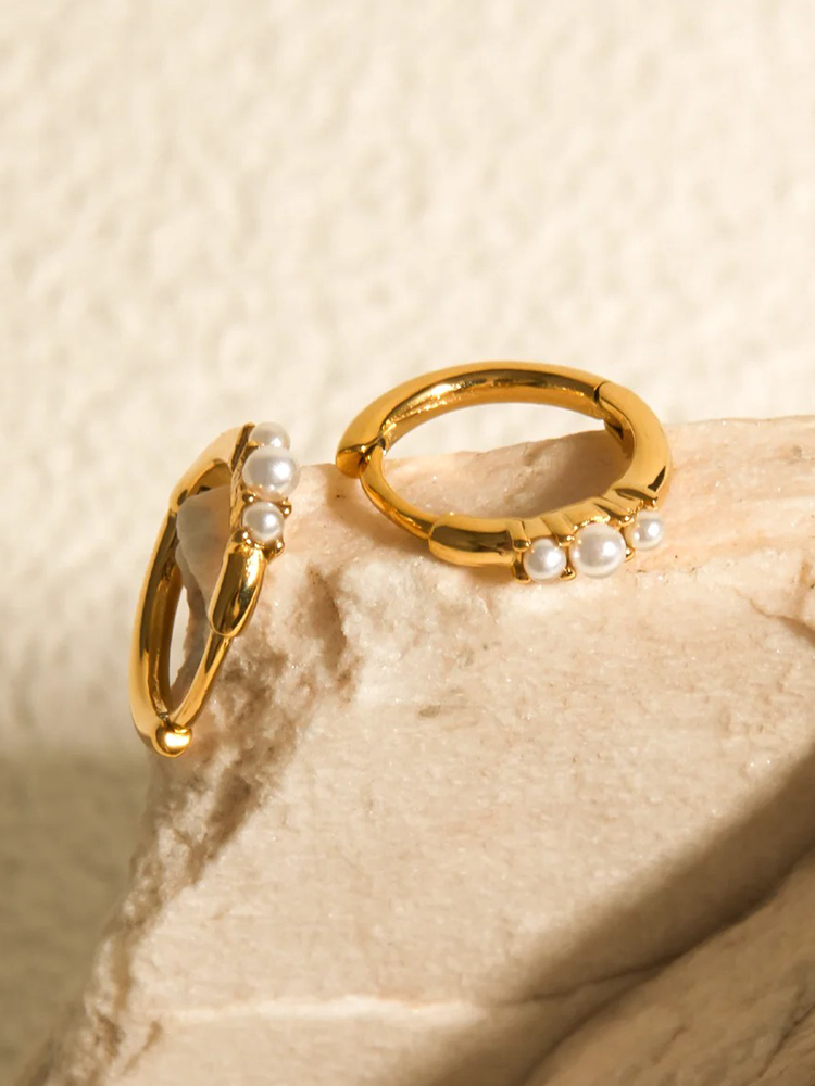 Faux Pearl Huggie Hoop Earrings Set of Two Pairs in Gold Colour