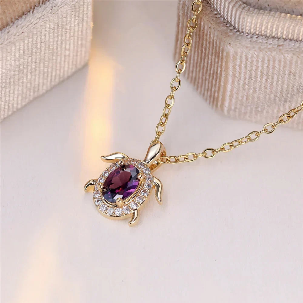 Purple Crystal Turtle Pendant Necklace with Sparkling Shell