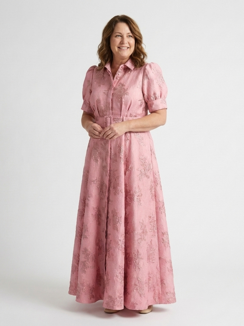 Belted Floral Maxi Shirt Dress with Textured Fabric