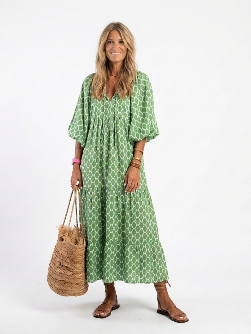 Patterned Midi Dress with Tiered Skirt and Gathered Waist