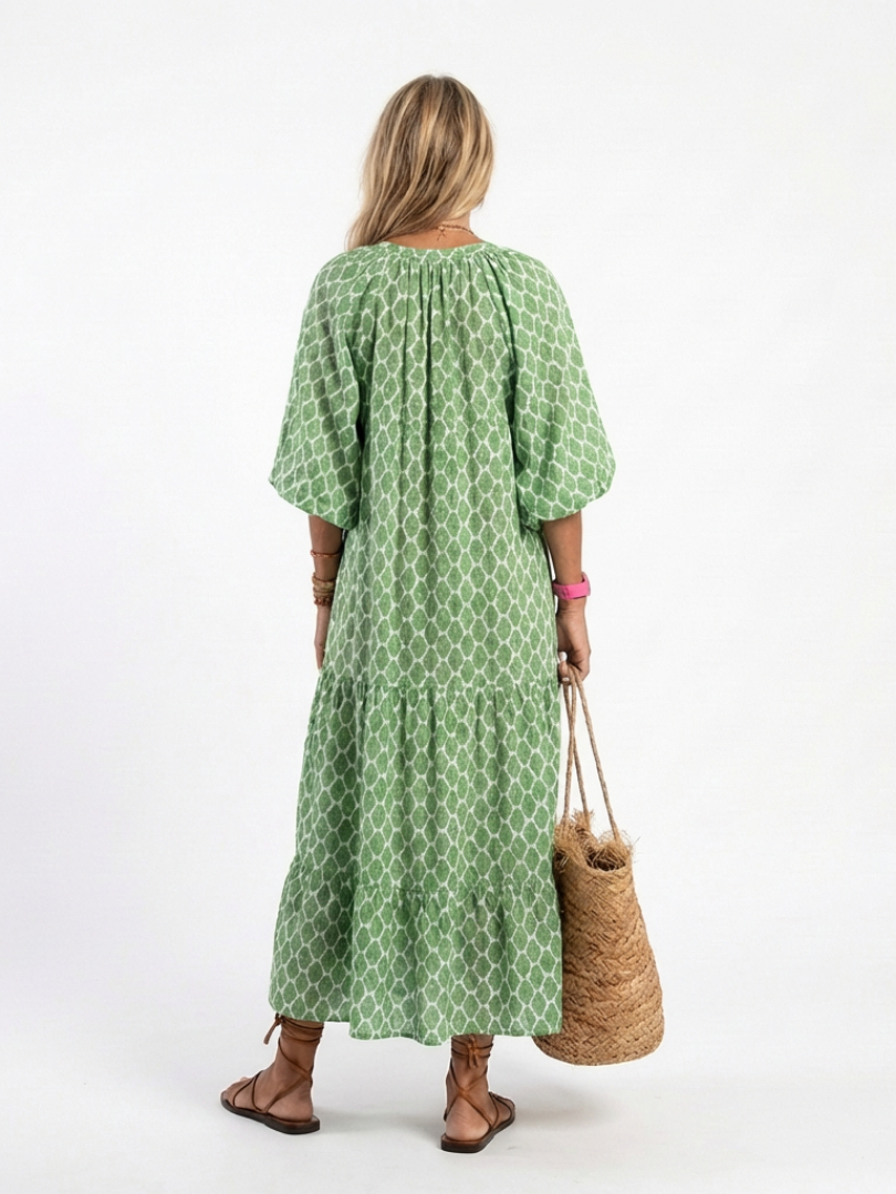 Patterned Midi Dress with Tiered Skirt and Gathered Waist