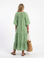 Patterned Midi Dress with Tiered Skirt and Gathered Waist