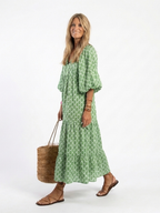 Patterned Midi Dress with Tiered Skirt and Gathered Waist