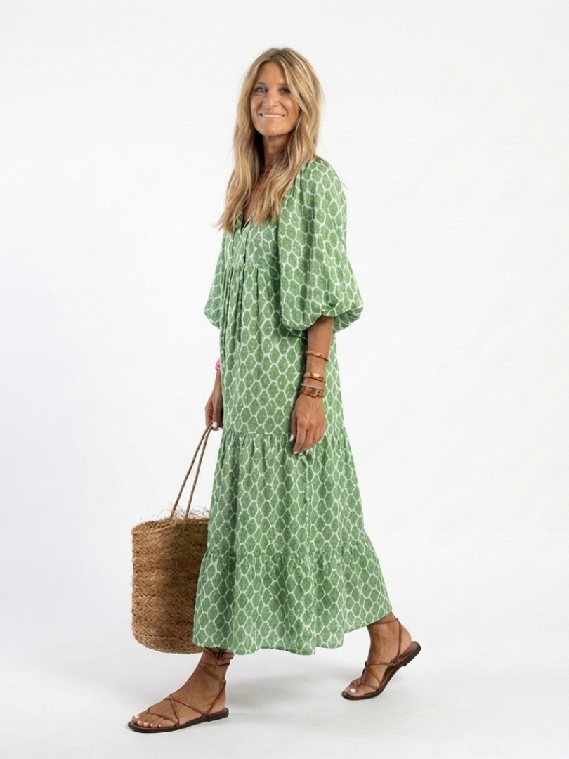 Patterned Midi Dress with Tiered Skirt and Gathered Waist