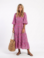 Patterned Midi Dress with Tiered Skirt and Gathered Waist