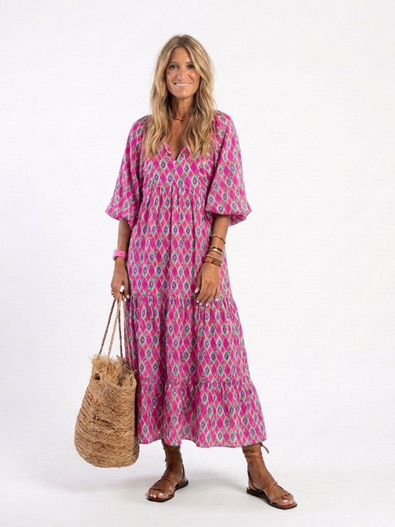 Patterned Midi Dress with Tiered Skirt and Gathered Waist