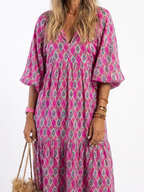 Patterned Midi Dress with Tiered Skirt and Gathered Waist