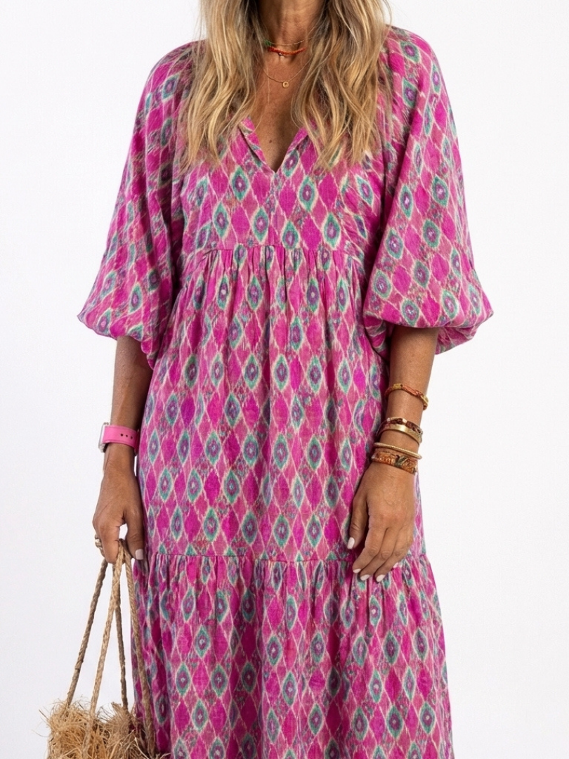 Patterned Midi Dress with Tiered Skirt and Gathered Waist