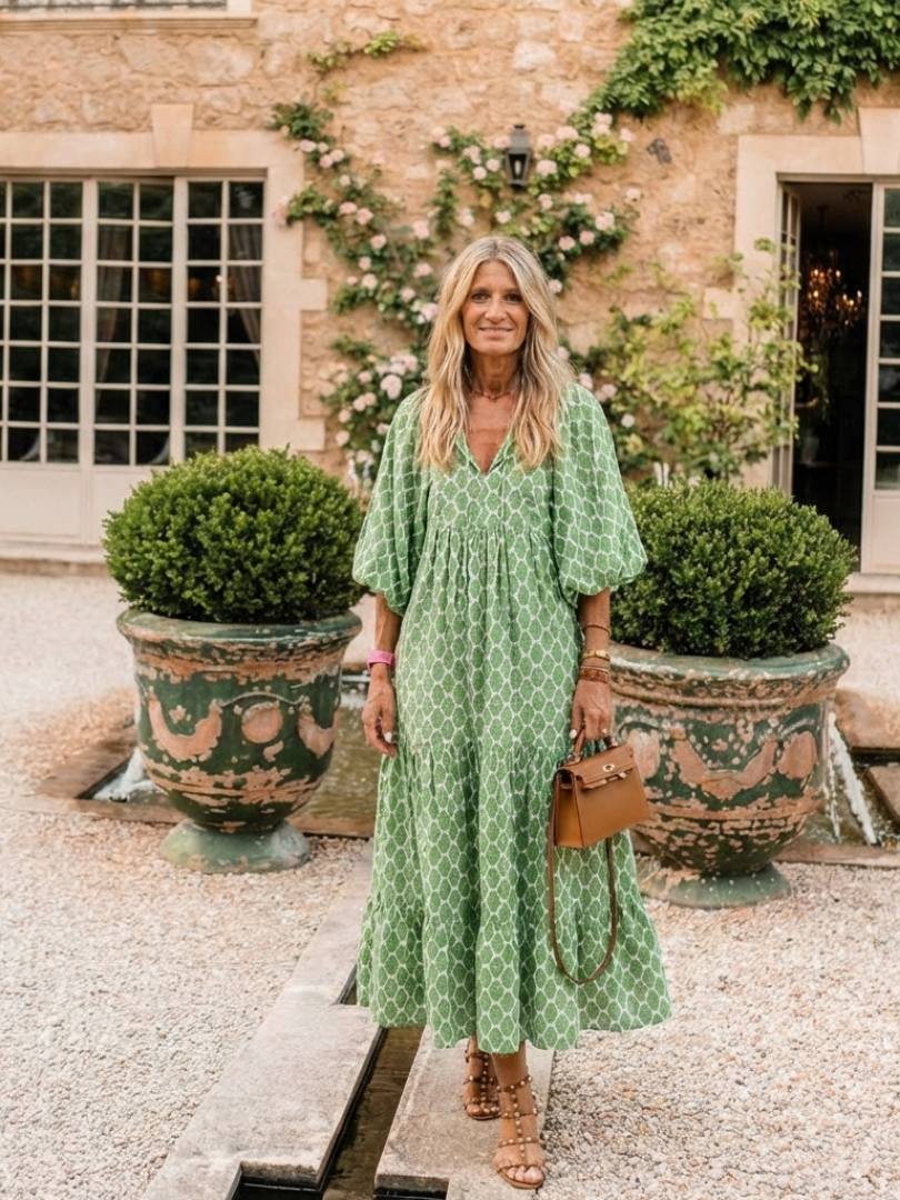 Patterned Midi Dress with Tiered Skirt and Gathered Waist