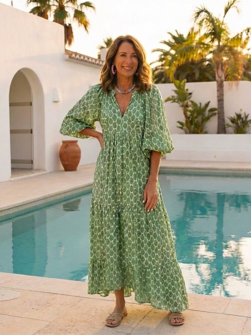 Patterned Midi Dress with Tiered Skirt and Gathered Waist