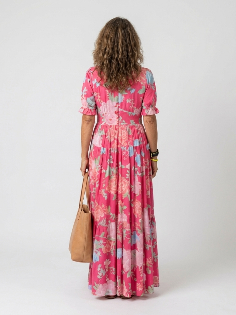 Floral Midi Dress with Flutter Sleeves and Gathered Waist