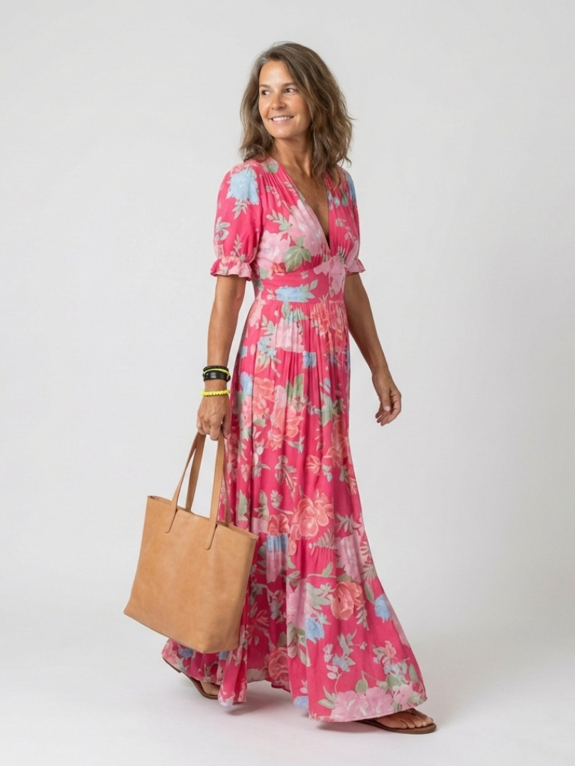 Vestido midi de estampado floral con cuello de pico y manga corta