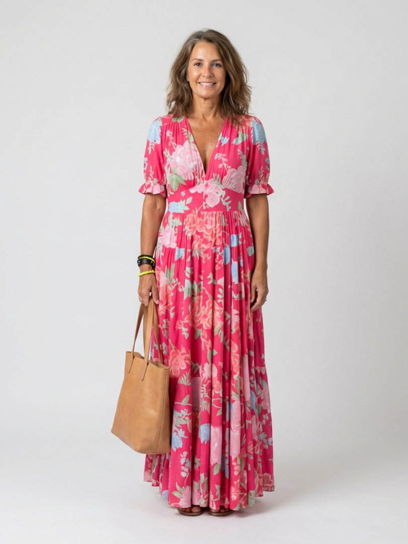 Vestido midi de estampado floral con cuello de pico y manga corta