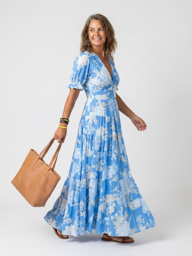 Vestido midi de estampado floral con cuello de pico y manga corta