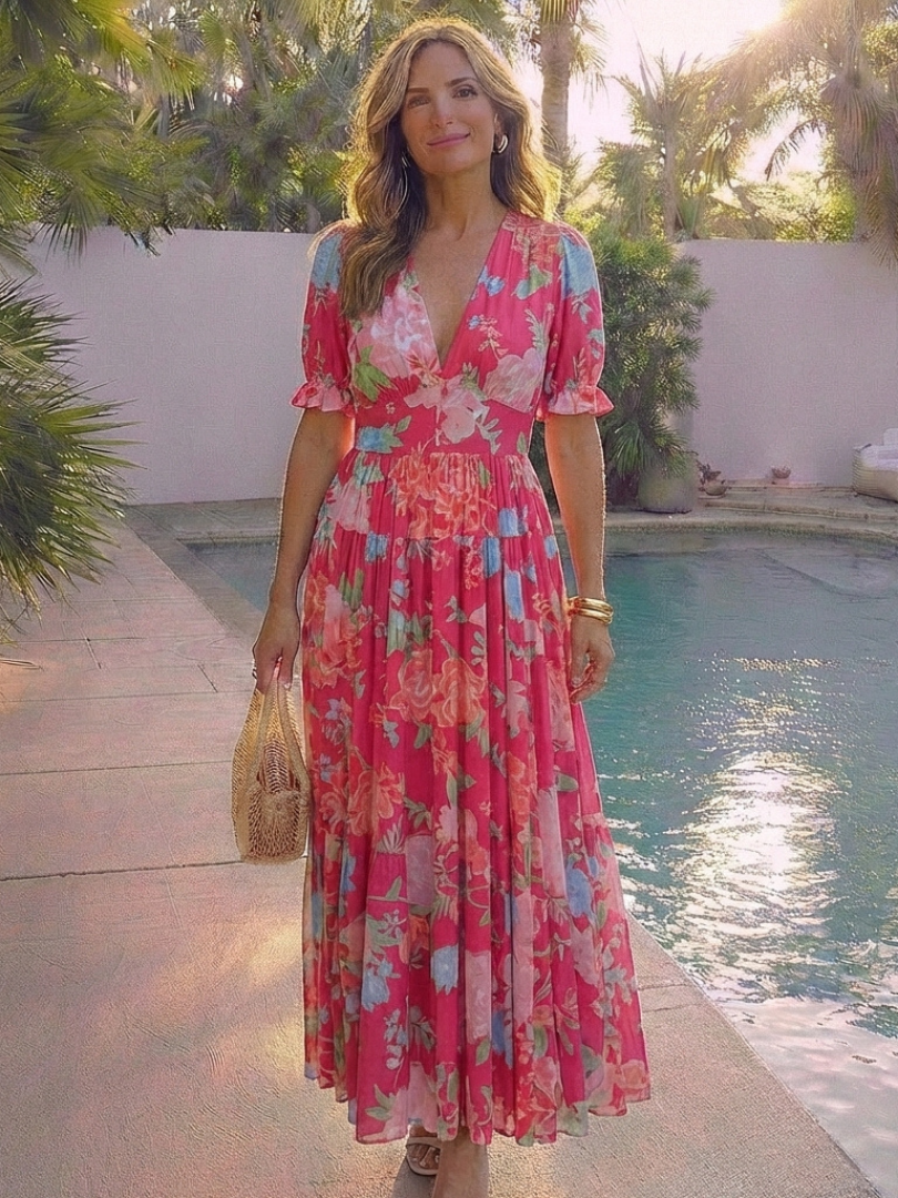 Floral Midi Dress with Flutter Sleeves and Gathered Waist
