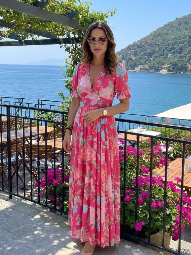 Floral Midi Dress with Flutter Sleeves and Gathered Waist