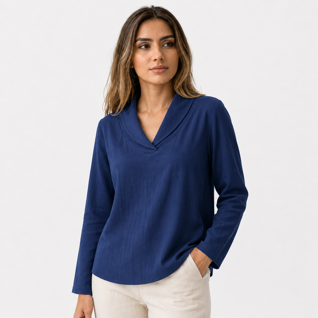 Blusa de algodón de corte holgado con cuello de pico y cuello chal