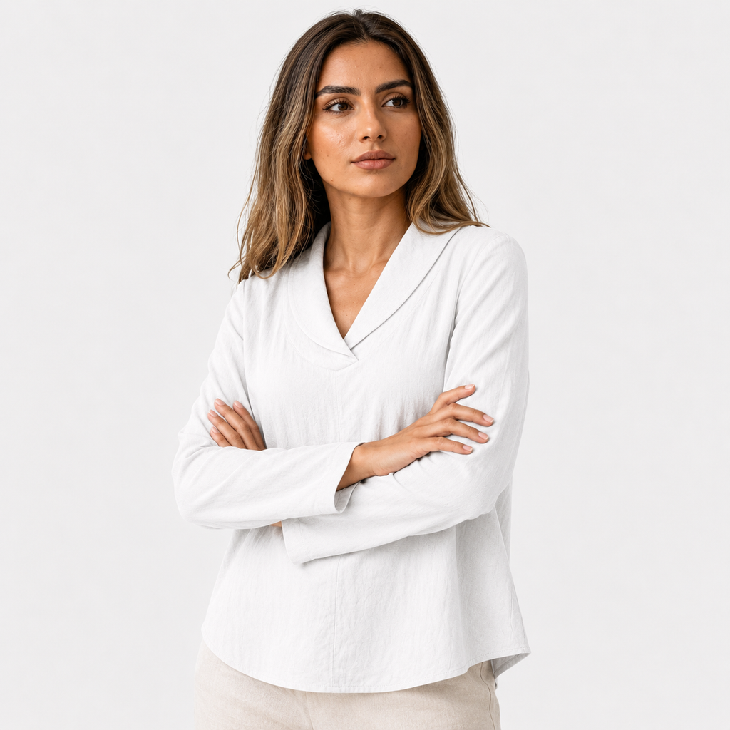 Blusa de algodón de corte holgado con cuello de pico y cuello chal