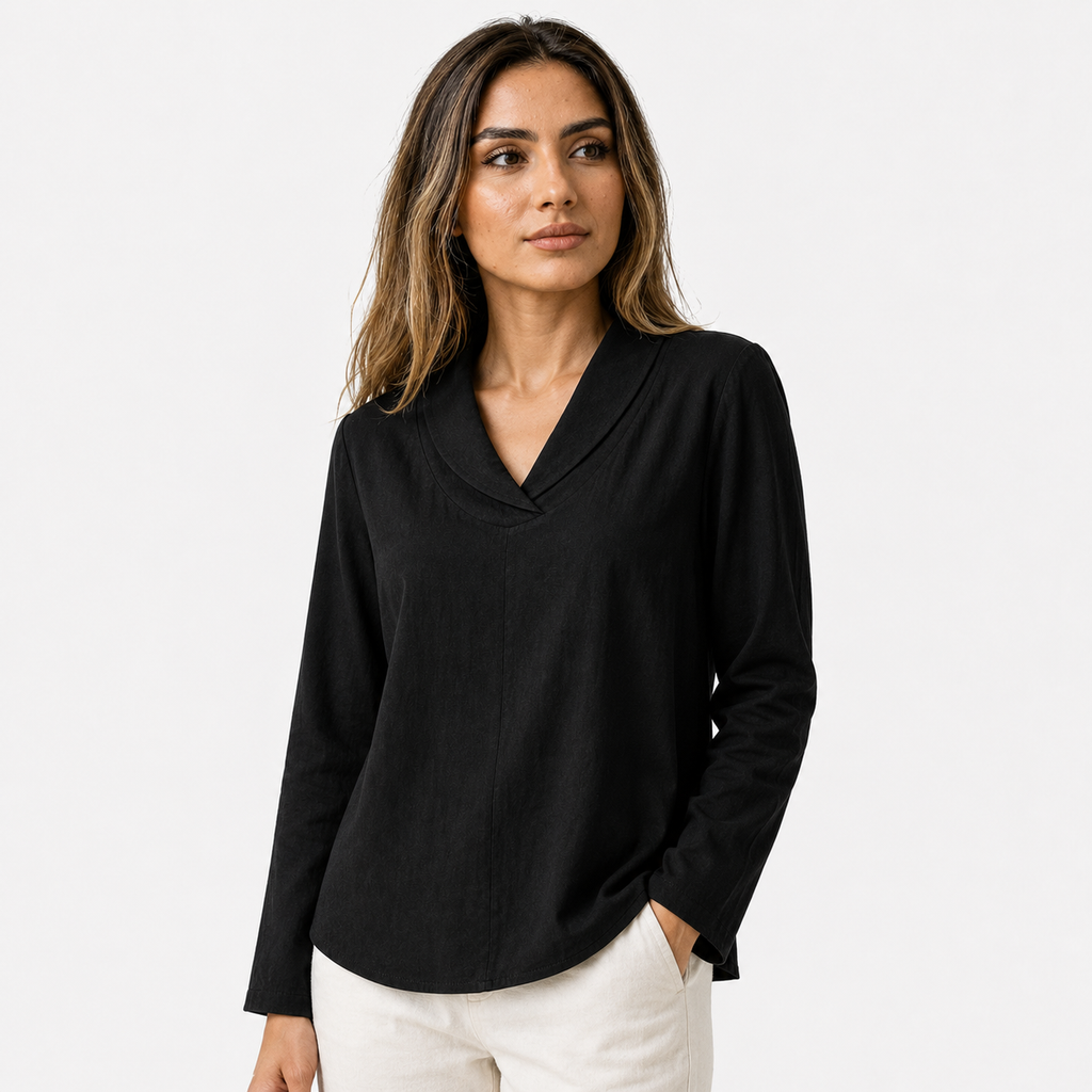 Blusa de algodón de corte holgado con cuello de pico y cuello chal