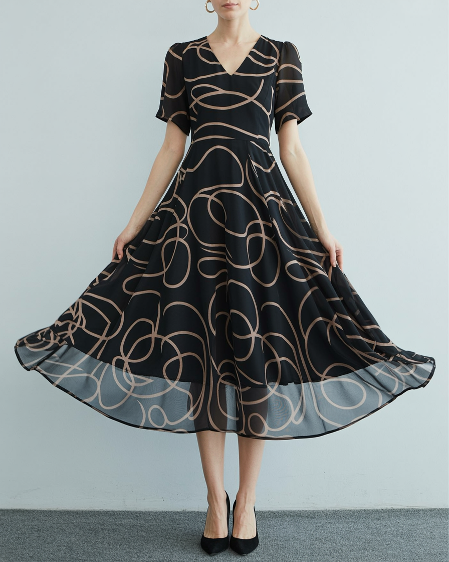 Polyester Maxi Dress with V-Neck and All-Over Print