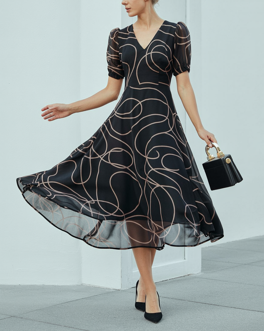 Polyester Maxi Dress with V-Neck and All-Over Print
